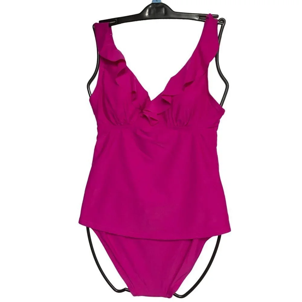 DKNY V NECK $118 Ruffle Women’s Two -Piece Swimsuit Pink SM NEW WITH TAG - Picture 9 of 10